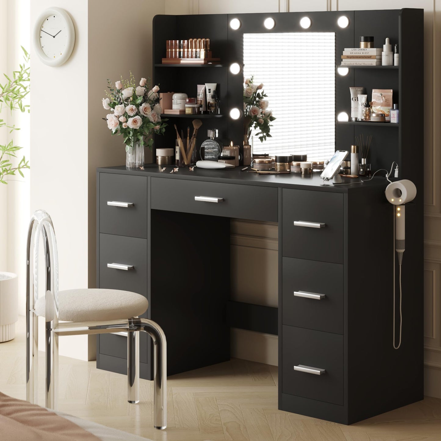 YESHOMY Vanity Desk with Mirror, Power Outlet and 10 Lights, Makeup Table with 7 Drawers, 3 Color Modes Available for Bedroom, Black