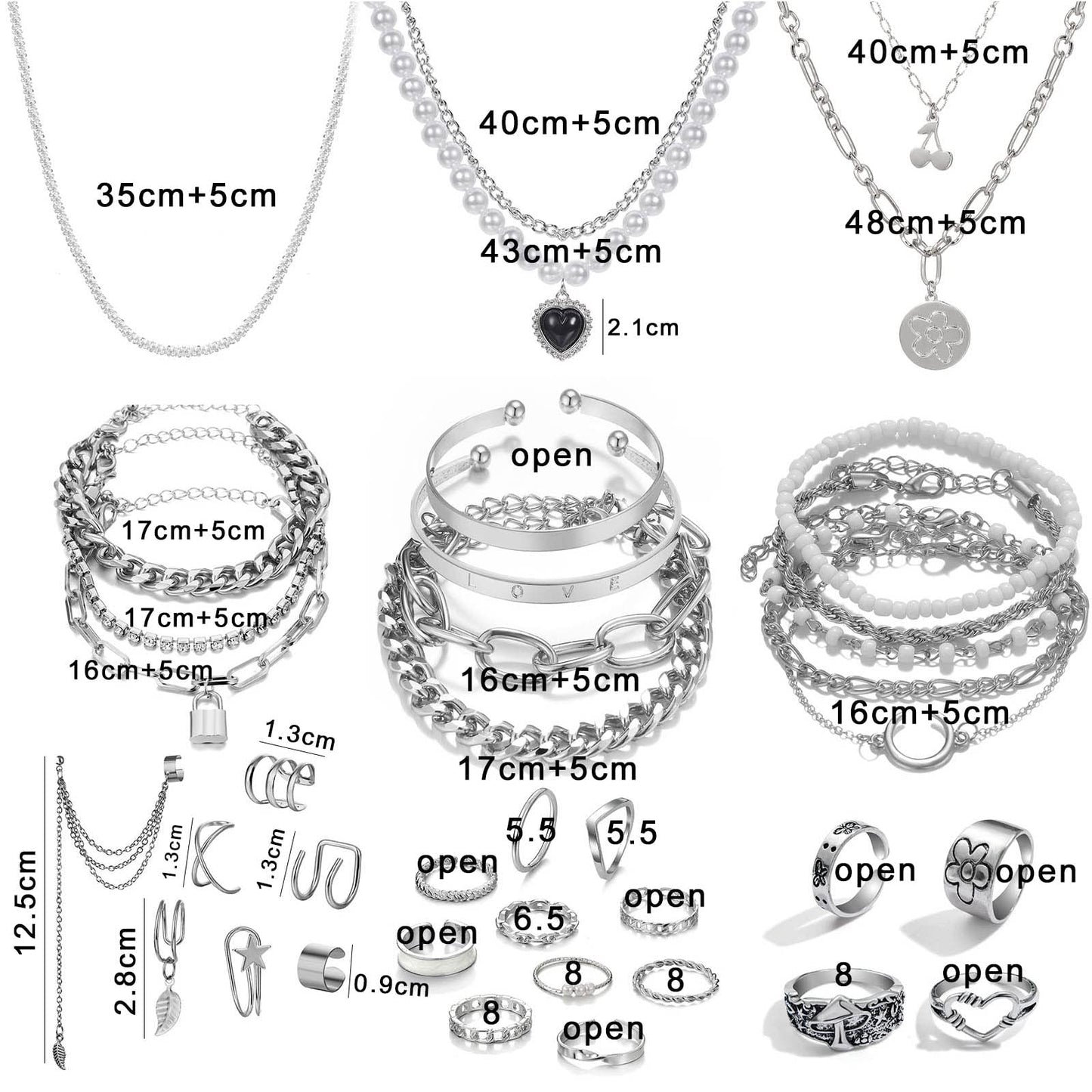 IFKM 36 Piece Silver Plated Jewelry Set - 3 Necklaces, 12 Bracelets, 7 Ear Cuffs, 14 Knuckle Rings for Women - Valentine, Anniversary, Birthday Gifts