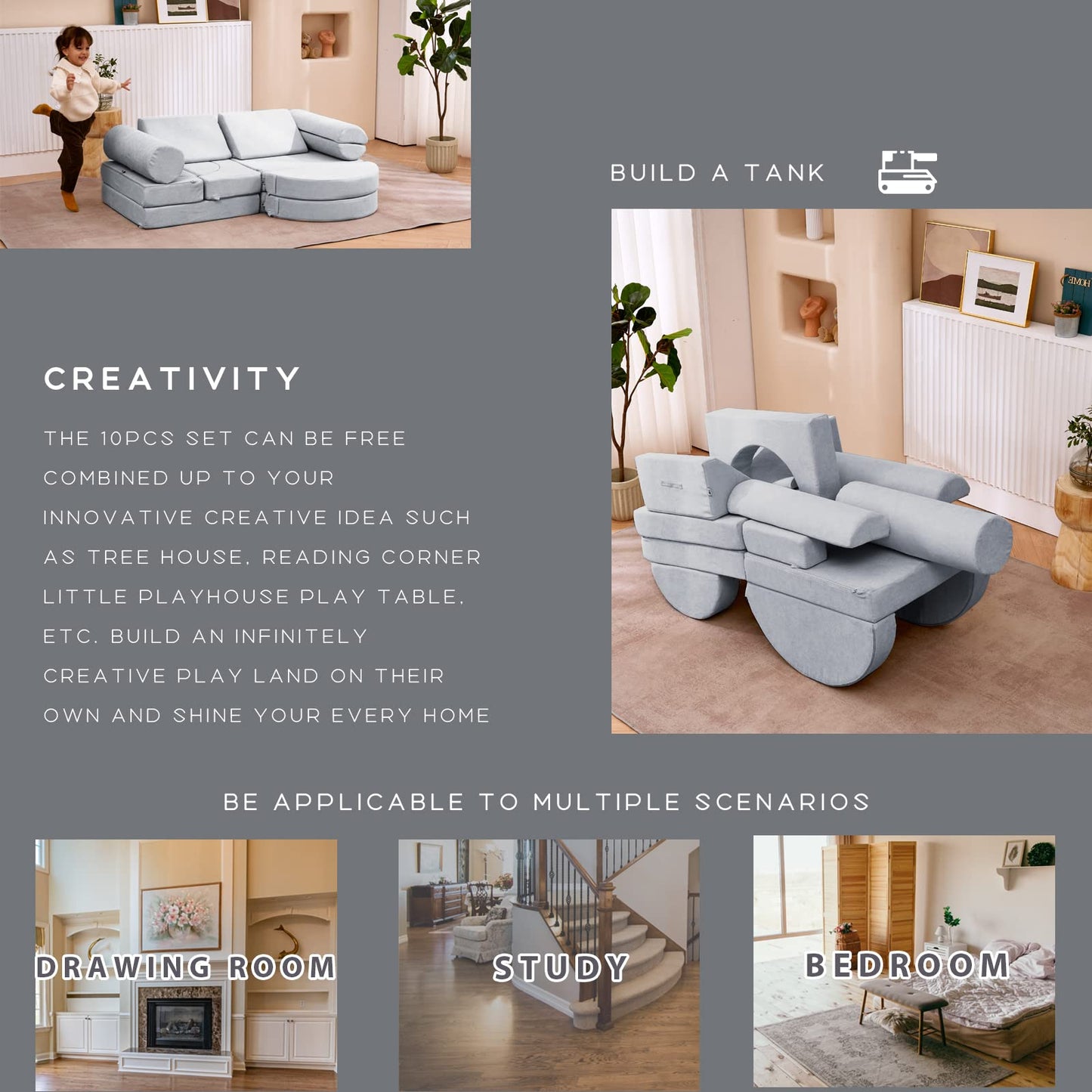 jela Kids Couch 14PCS Luxury, Floor Sofa Modular Furniture for Adults, Playhouse Play Set for Toddlers Babies, Foam Play Couch (Moonlight Grey, 57"x28"x18")