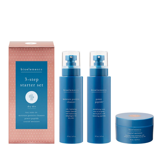 Bioelements 3-Step Starter Set: Dry Skin - Includes Moisture Positive Cleanser, Power Peptide Toner & Crucial Moisture Moisturizer - Vegan, Gluten Free - Never Tested on Animals