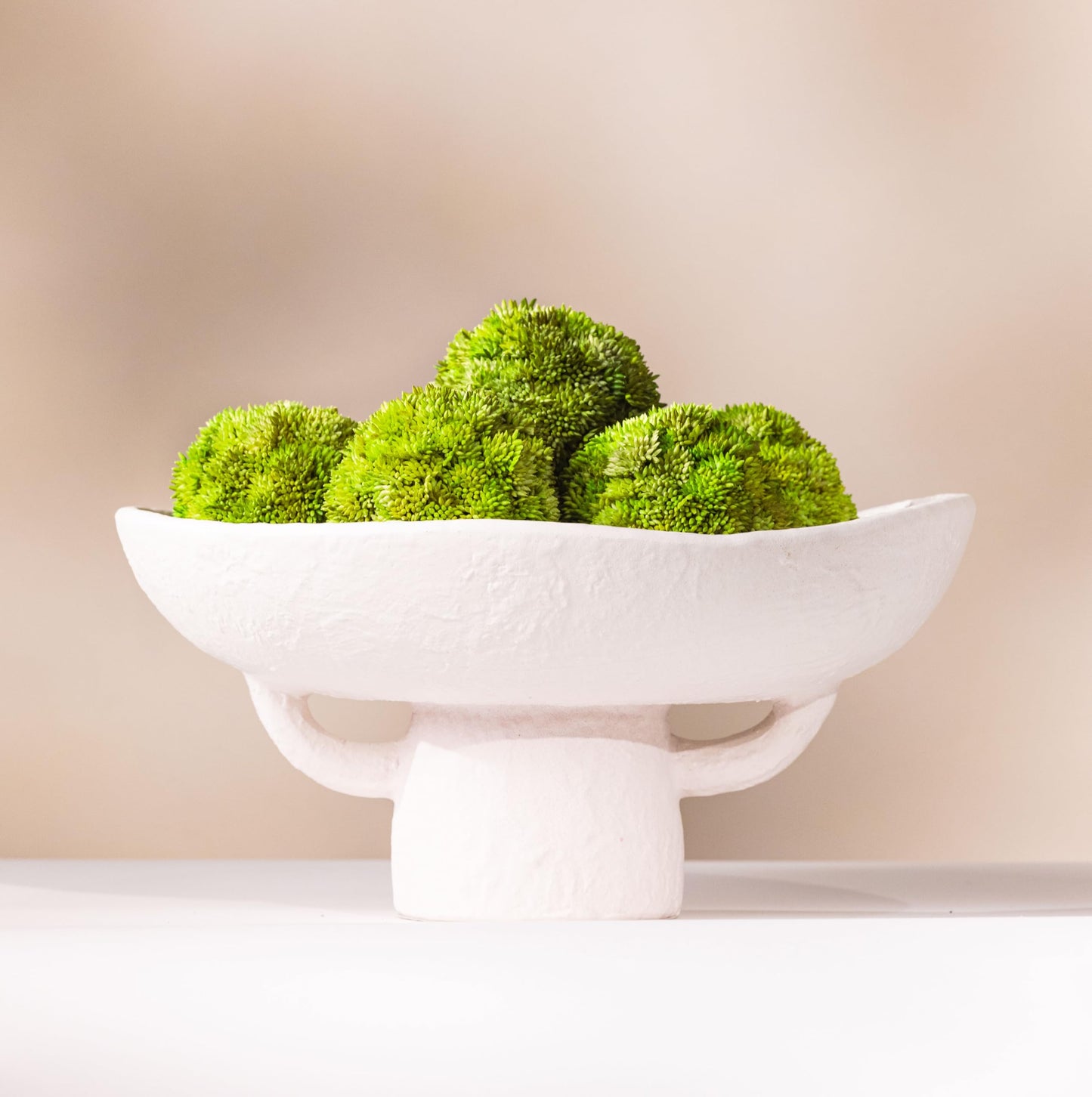 Luxurious White Textured Ceramic Bowl and Greenery Set,12.5x10.5 Inch Pedestal Decorative Bowl, with 6 Green Succulent Moss Balls, Counter Top, Farmhouse Table Centerpiece, Living Room, Kitchen Decor