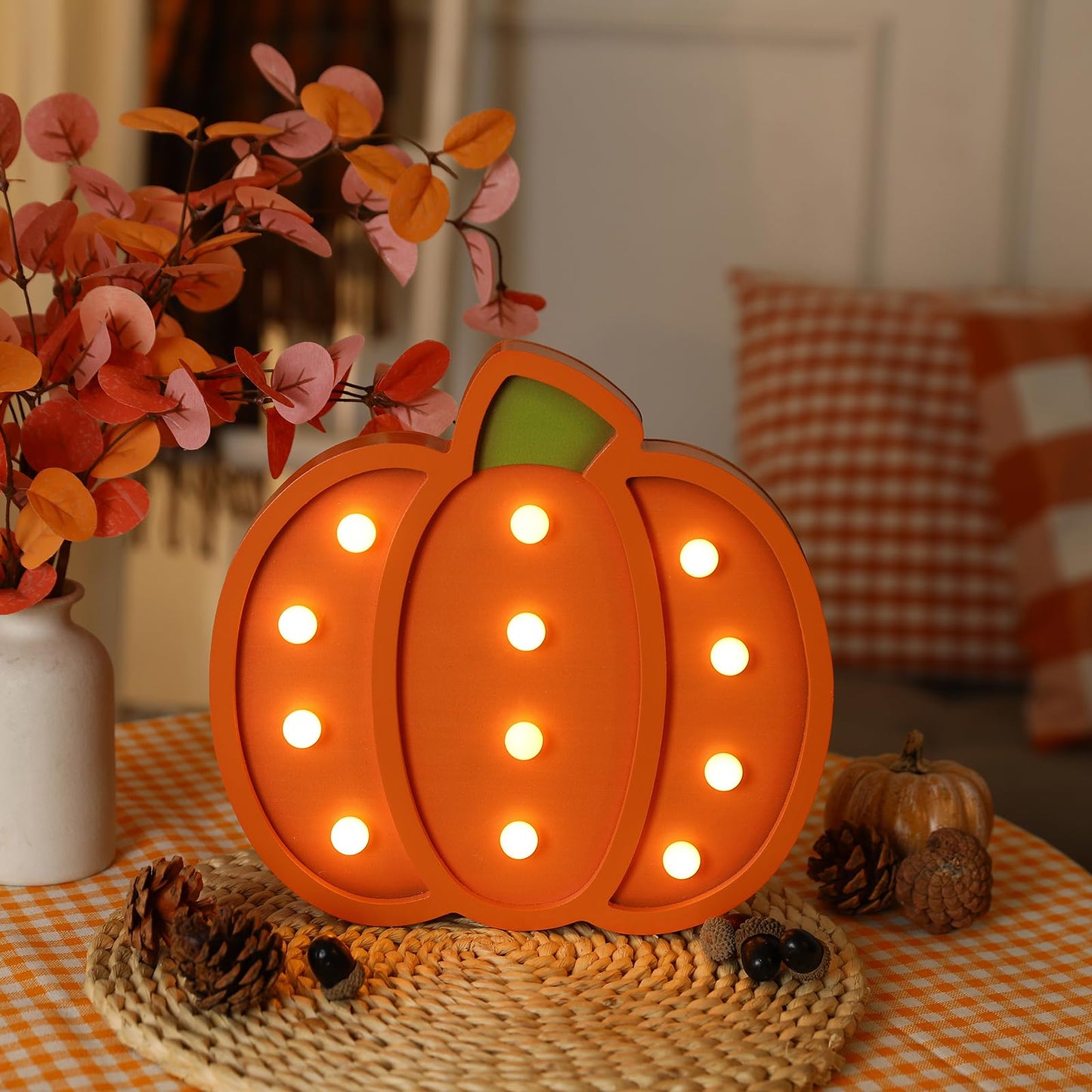 FestalMart Fall Decor-Fall Decorations for Home-Light Up Wooden Pumpkins- Handmade Pumpkins with Light for Thanksgiving Halloween Home Kitchen Tabletop Decor