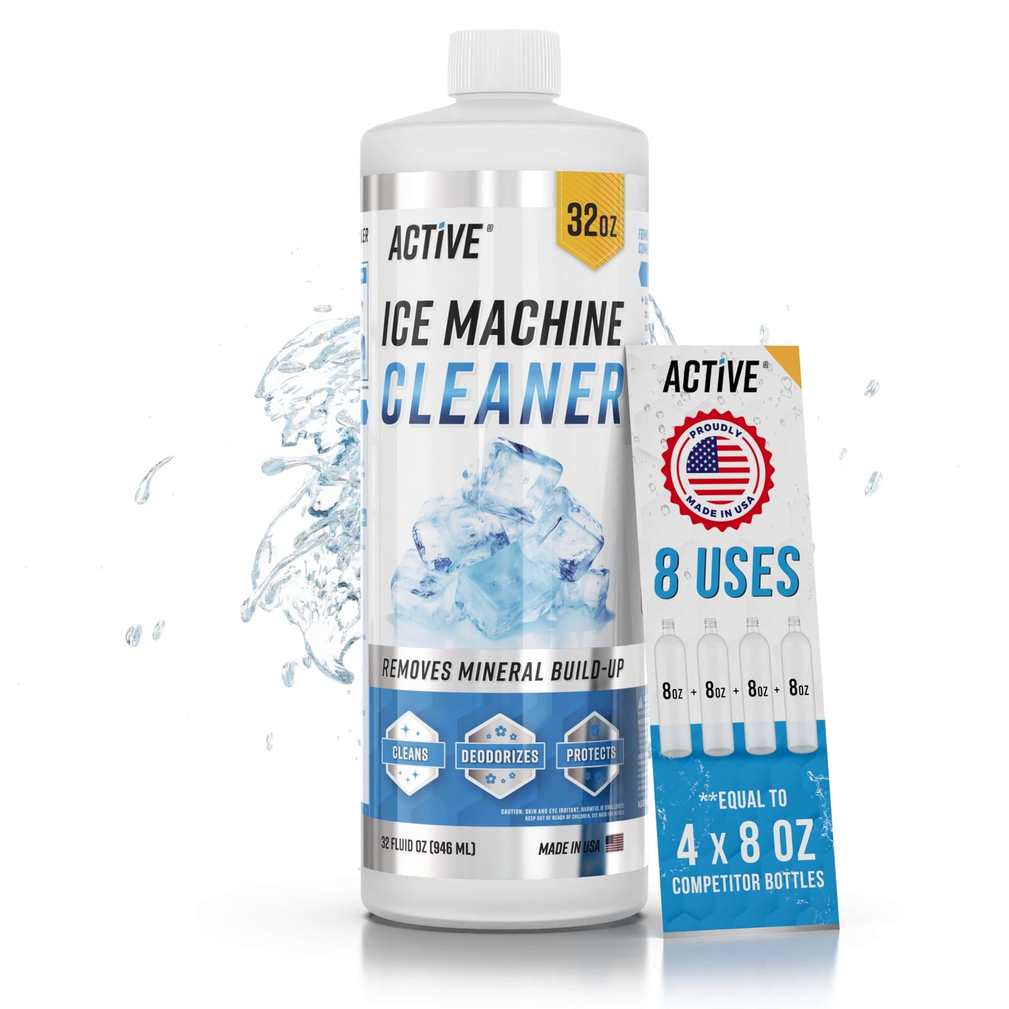 Ice Machine Cleaner Maker Descaler - 32 fl oz (8 Uses) Nickel Safe Ice Maker Cleaner Solution - Compatible with Whirlpool 4396808, Scotsman, Manitowoc, Hoshizaki, GE Opal Cleaning Kit - Made in USA