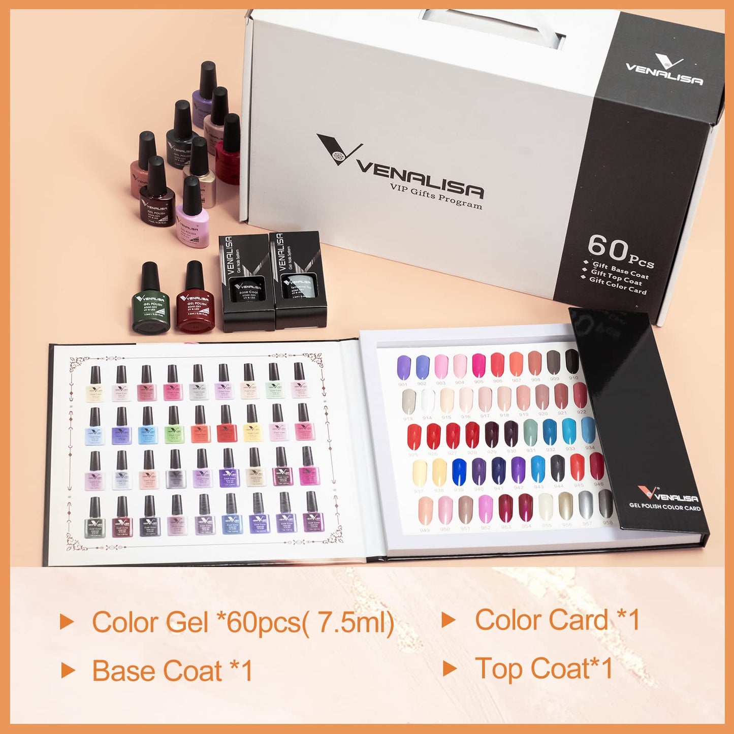 VENALISA VIP1 Set 62 PCS 7.5ml Gel Nail Polish Kit with Color Card Base Top coat,UV LED Soak Off Gel Polish Starter Manicure,Suitable to DIY at Home Nail Art Salon