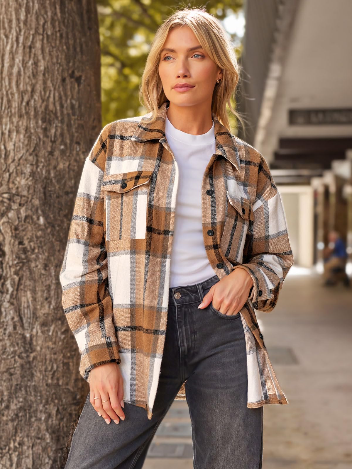 AUTOMET Womens Fall Outfits Fashion Clothes Shackets Flannel Plaid Button Down Long Sleeve Shirts Jackets 2024 Apricot XL