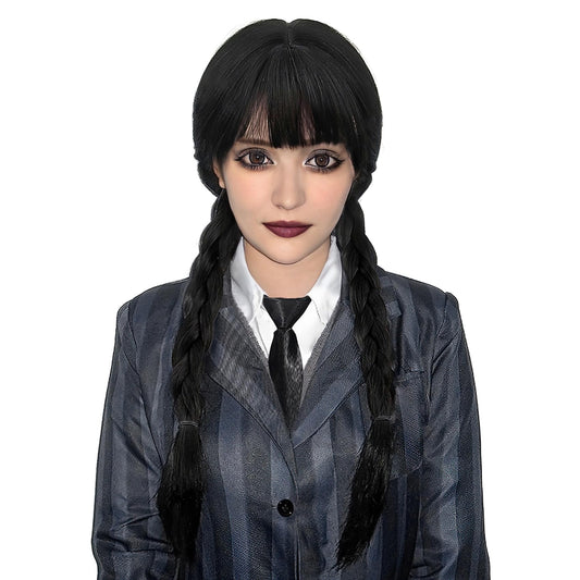 MUPUL Black Braided Wig With Bangs Long Braid Wig Cosplay Halloween Costume Wigs For Women