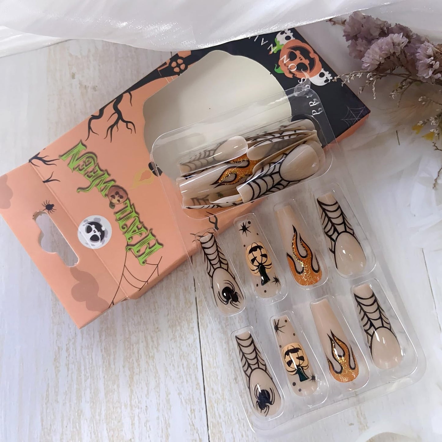 Halloween Press on Nails Long Coffin Fake Nails Halloween Press on False Nails with Spider Web Spider Flame Pumpkin Designs Acrylic Full Cover Glossy Cute Funny Halloween Nails for Women Girls 24PCS