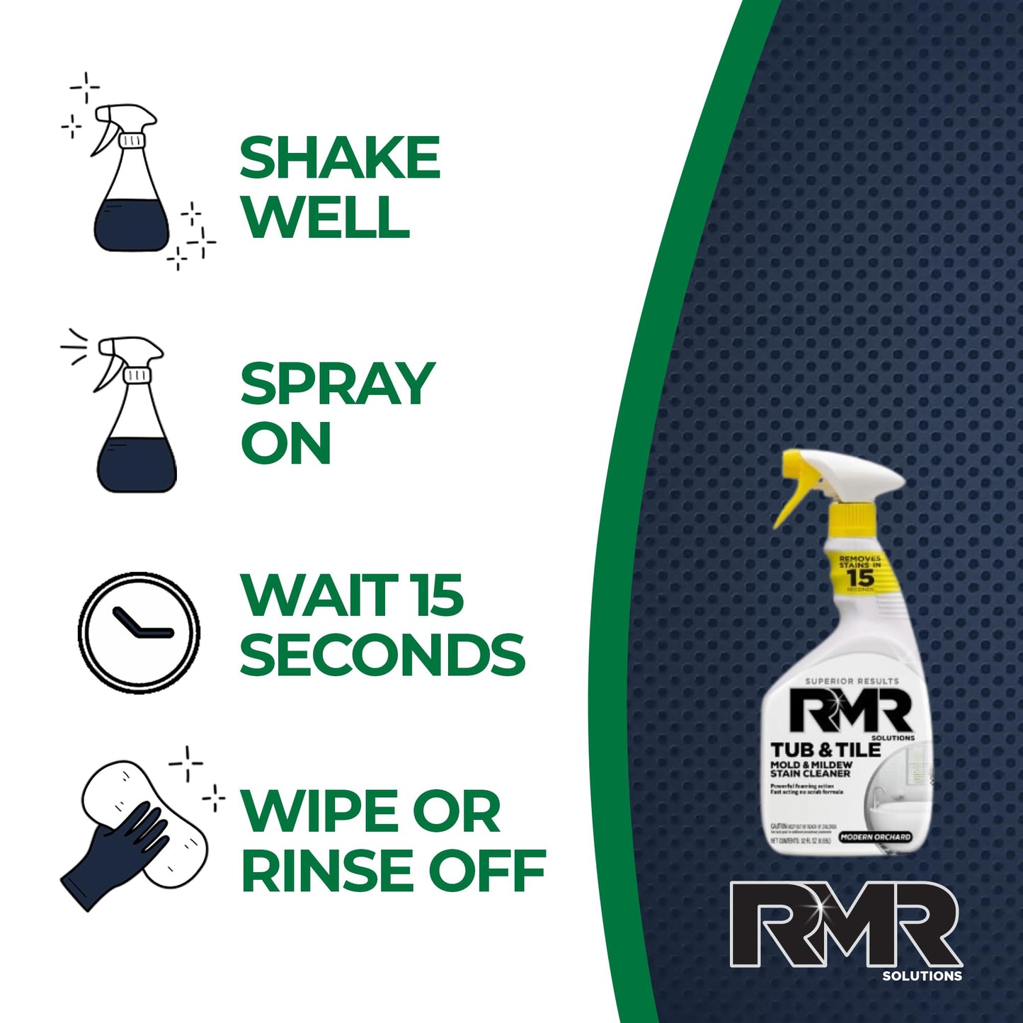 RMR - Tub and Tile Cleaner, Mold & Mildew Stain Remover, Industrial-Strength, No-Scrub Foam Cleaner, Modern Orchard Scent, 32 Fl Oz