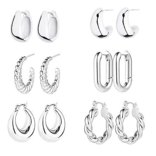 6 Pairs 14K Gold Hoop Earrings for Women Lightweight Chunky Hoop Earrings Multipack Hypoallergenic, Thick Open Twisted Huggie Hoops Earring Set Jewelry for Gifts. (Silver)