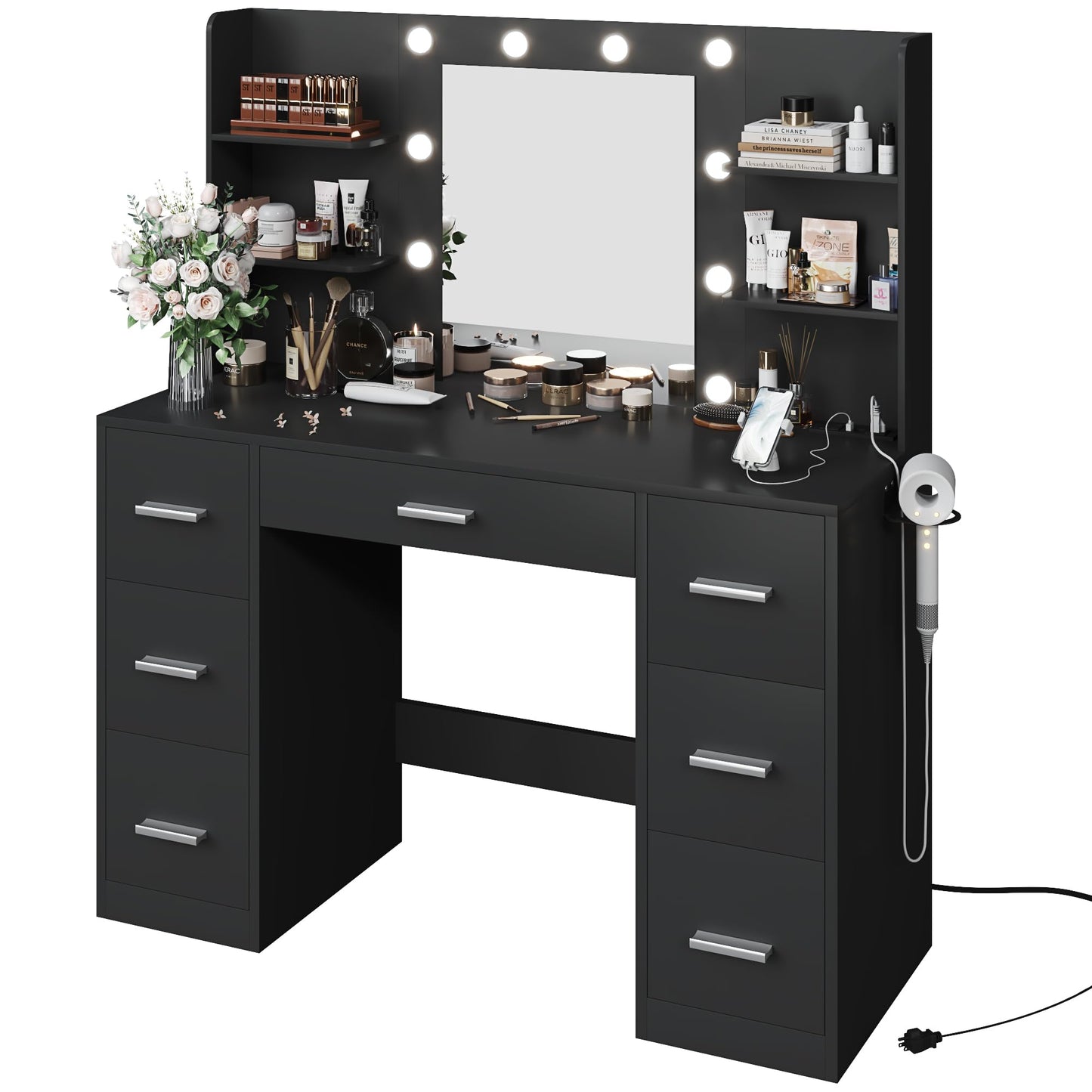 YESHOMY Vanity Desk with Mirror, Power Outlet and 10 Lights, Makeup Table with 7 Drawers, 3 Color Modes Available for Bedroom, Black