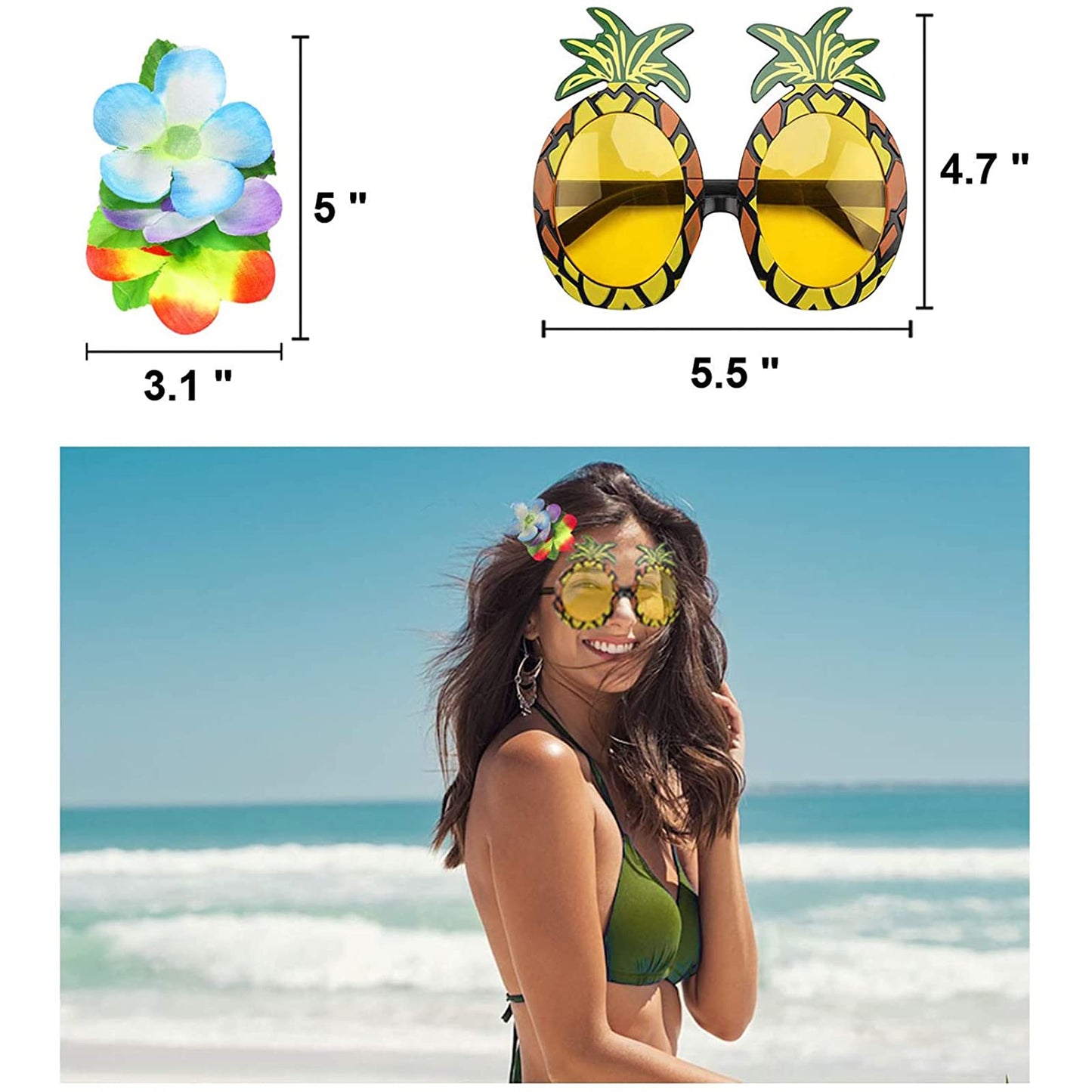 PHOGARY 7 Pack Hawaiian Flower Leaf Hula Skirt Costume Accessory Kit for Hawaii Luau Party - Dancing Hula with Hawaiian Lei, Hibiscus Hair Clip, Pineapple Sunglasses for Boys Girls