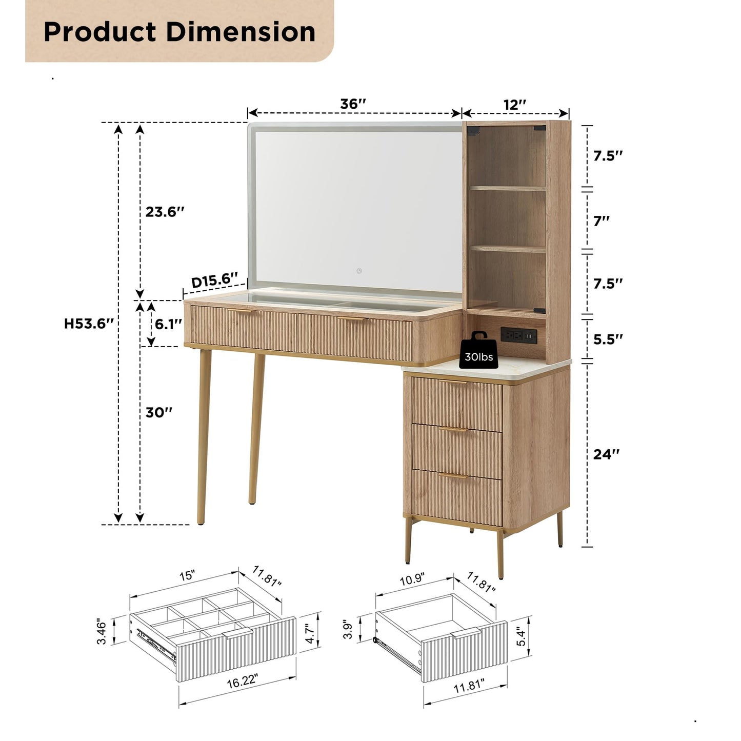 T4TREAM Makeup Vanity Desk with 36" HD Lighted Mirror, 48" Big Modern Vanity Desk with Mirror and Lights, Dressing Table with 5 Drawers & Shelves, Glass Top for Bedroom (Natural Oak)