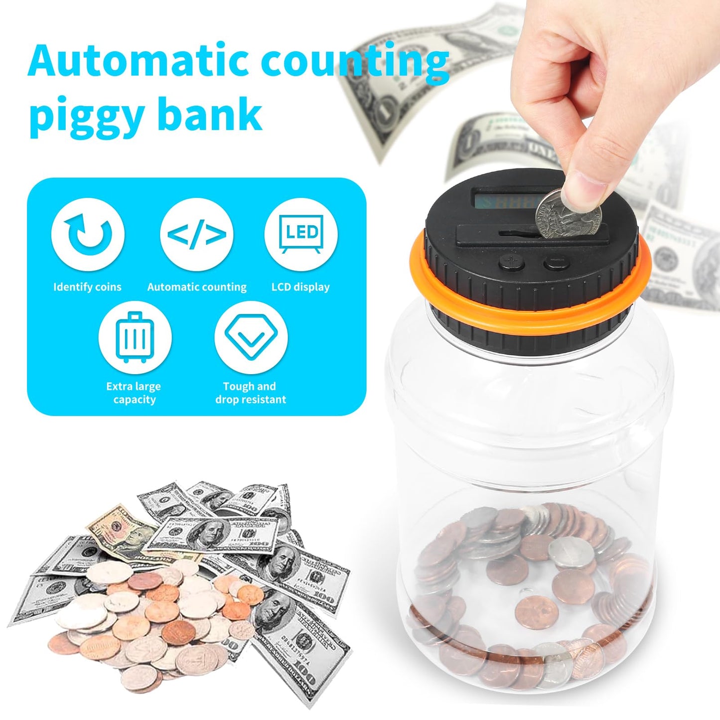 Coin Bank for Girls Adults, Qiekaka Piggy Bank for Adults Kids, Coin Jar with LCD Counter Change Counter for Counting Money, Change Bank Designed for All US Coins(Black Orange)