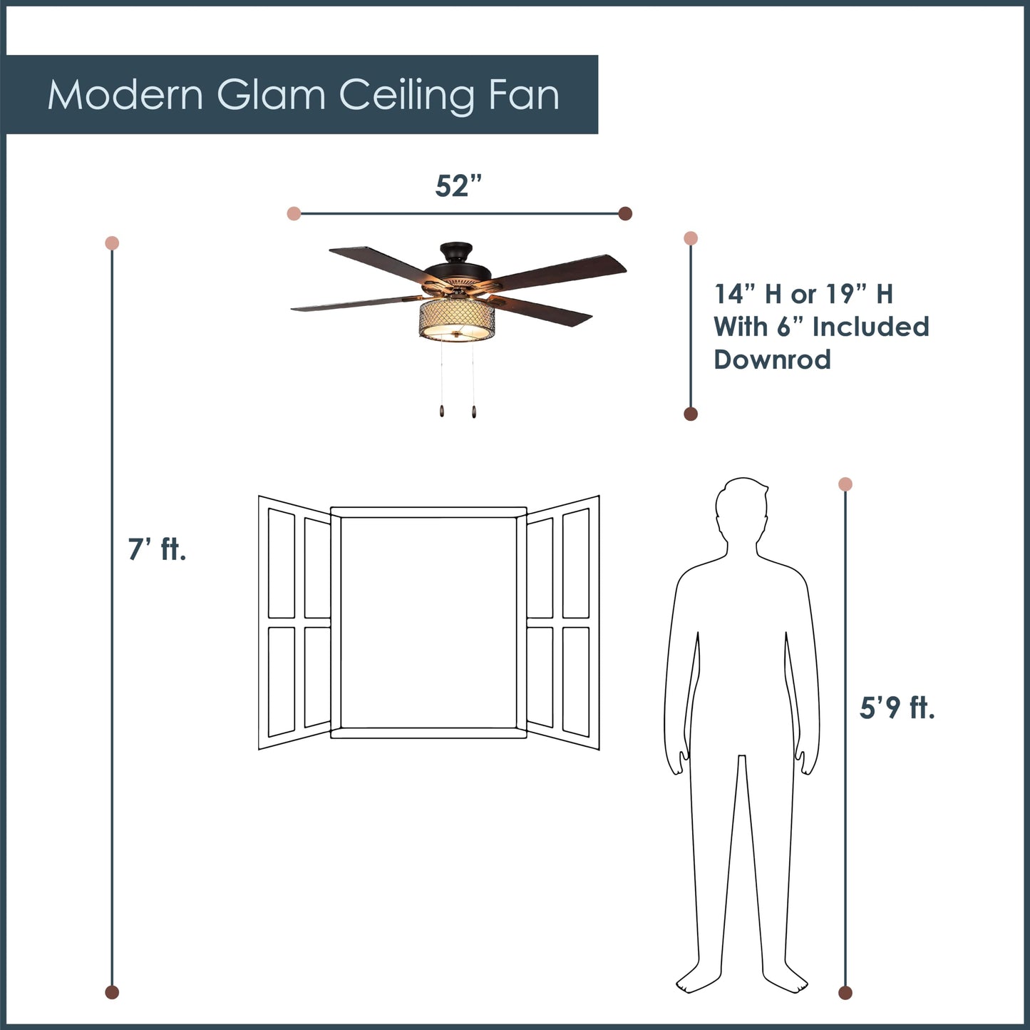 RIVER OF GOODS Mid-Century Modern Transitional LED Bronze Chrome Ceiling Fan - 52" L x 52" W - Rich Barnwood/Light Driftwood Fan Blades - Metallic Ceiling Fan with Light and Fabric Shade