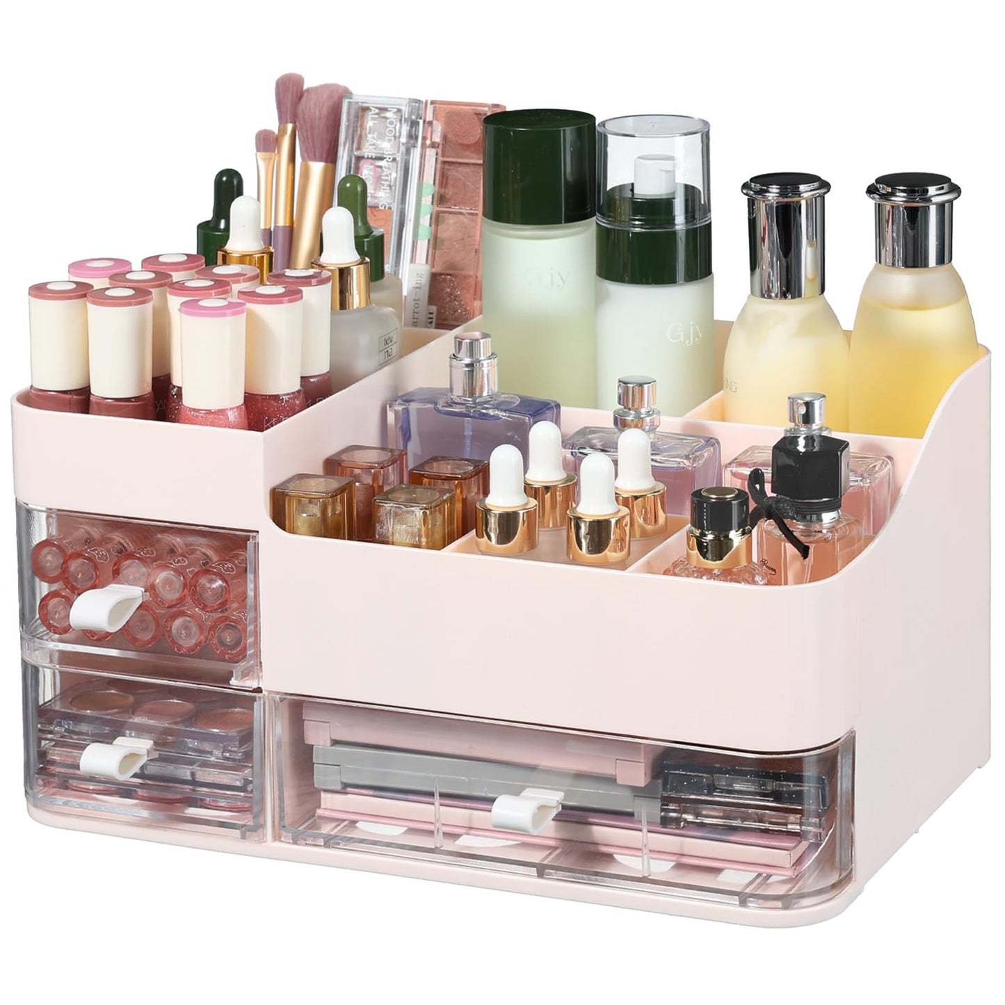 Cq acrylic Makeup Organizer with 3 Drawers -Plastic Skincare and Cosmetic Storage for Vanity Countertop,Dresser Top Organizer for Lotions,Beauty Products,Cologne Perfume-Bathroom Organization,Pink