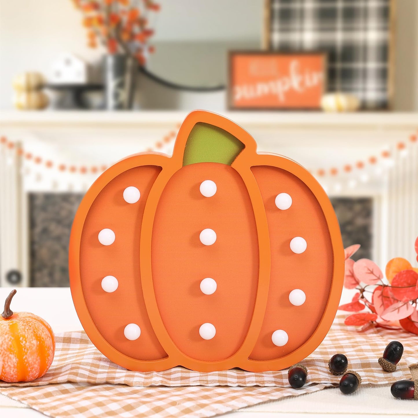 FestalMart Fall Decor-Fall Decorations for Home-Light Up Wooden Pumpkins- Handmade Pumpkins with Light for Thanksgiving Halloween Home Kitchen Tabletop Decor