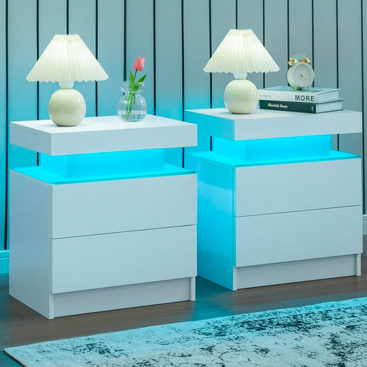 i-aplus Nightstand Set of 2 LED Nightstand with 2 Drawers, Bedside Table with Drawers for Bedroom Furniture, Side Bed Table with LED Light, White