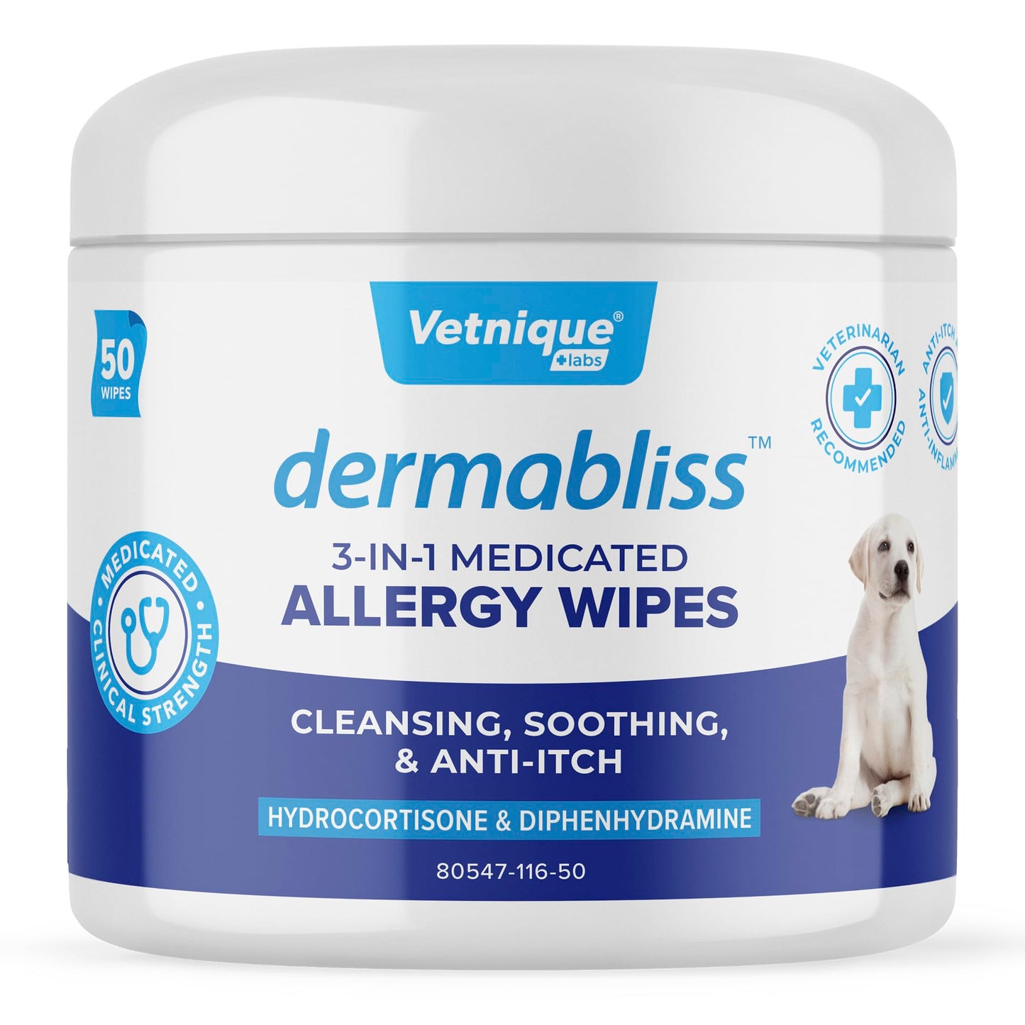 Vetnique Dermabliss 3-in-1 Medicated Dog Wipes - Relief for Itchy Skin, Allergies & Odor Control, Gentle No-Sting Formula, Antihistamine & Hydrocortisone Paw Wipes for Dogs & Cats 50ct