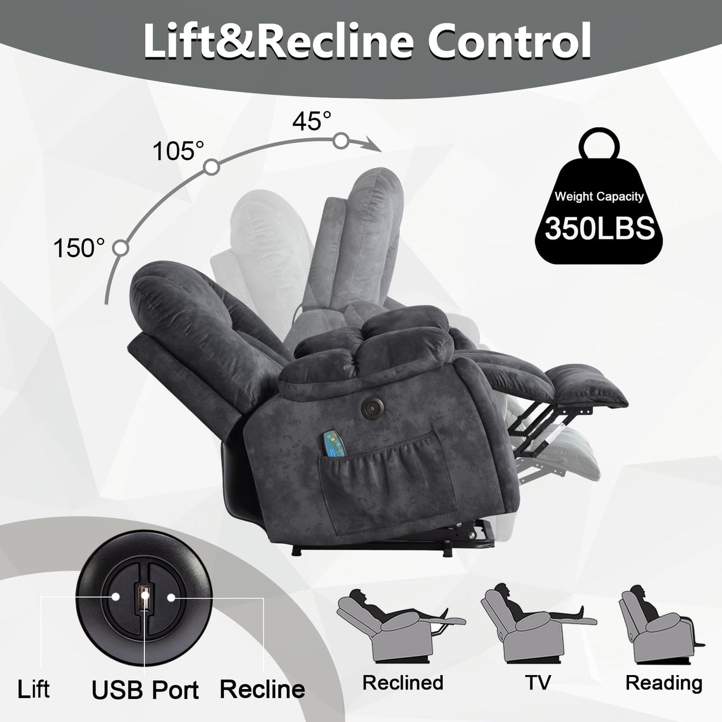 CANMOV Large Power Lift Recliner Chair with Massage, Heat, and USB for Elderly, Overstuffed Wide Recliners, Heavy Duty and Safety Motion Reclining Mechanism, Gray