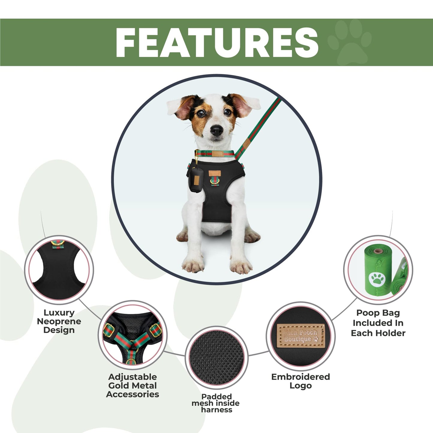 Rich Pooch Boutique Luxury Dog Bentley Harness Set in Black - Black Neoprene Padded Harness, Collar, Leash and Poop Holder Set Fits Small, Medium and Large Sized Dogs Free Poop Bag Included (M)