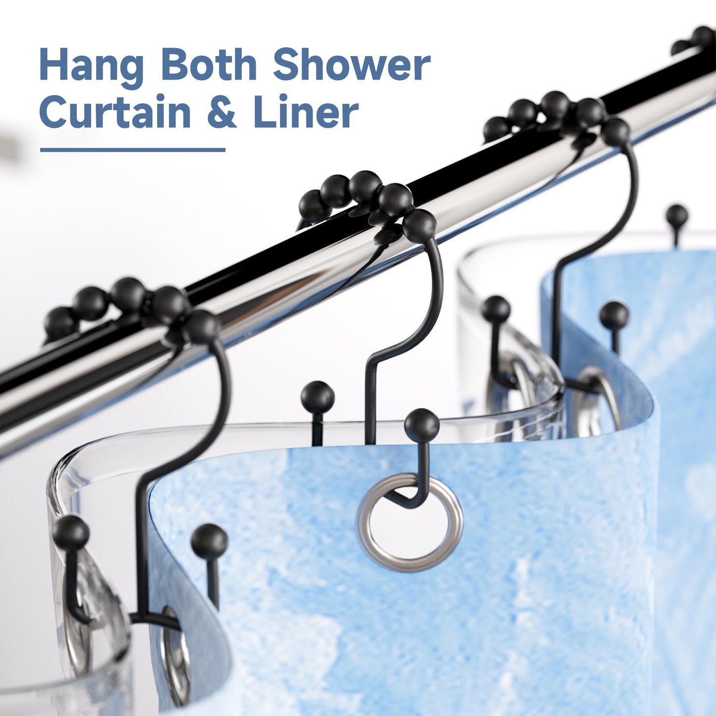 Titanker Black Shower Curtain Hooks Rings, Rust-Resistant Metal Double Glide Shower Hooks for Bathroom Shower Rods Curtains, Set of 12 Hooks - Matte Black