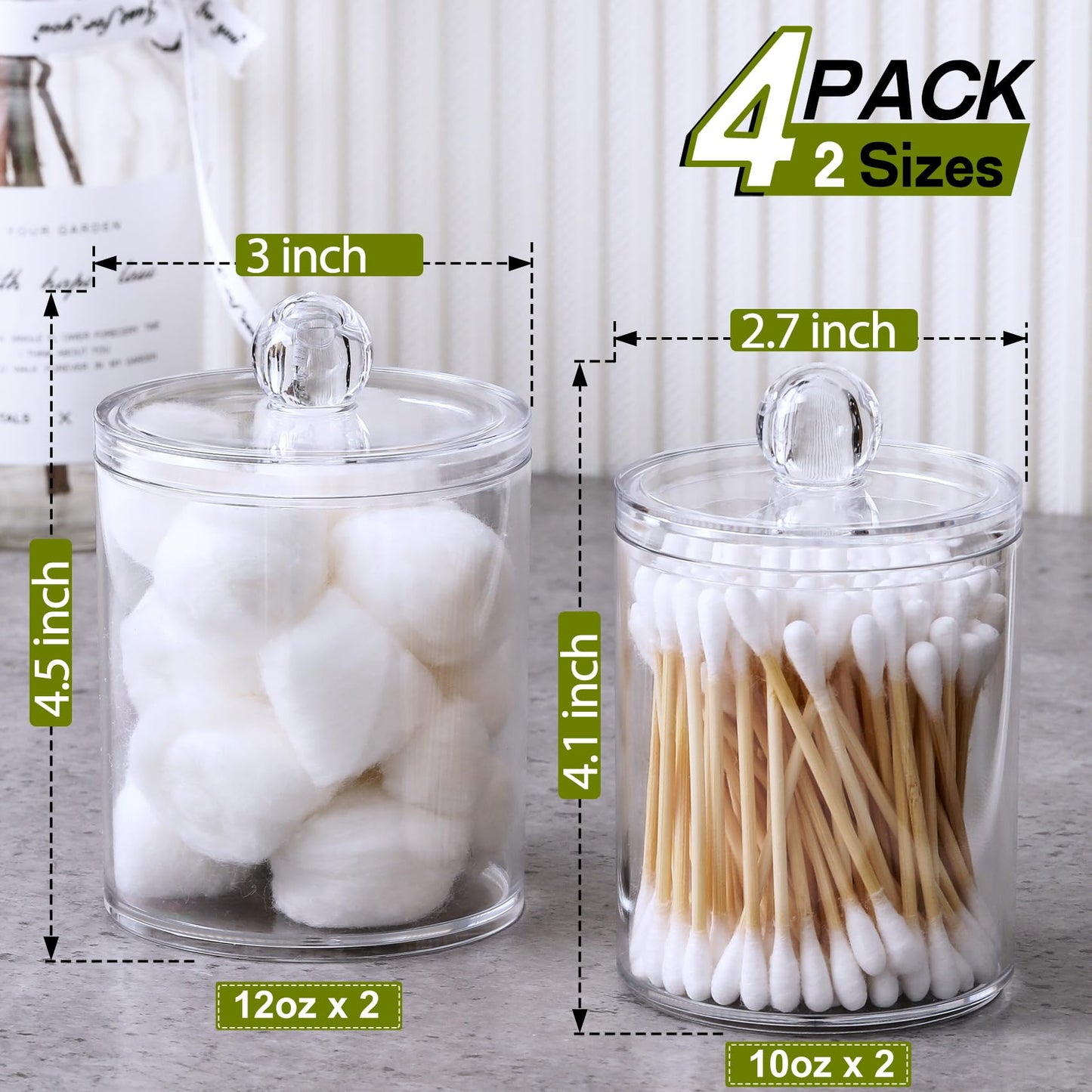 4 PACK Qtip Holder Dispenser for Cotton Swabs, Balls, Cotton Pads, Floss Picks - Small Clear Plastic Canister Apothecary Jar Set, Bathroom Essentials Accessories Decor, Vanity Makeup Storage Organizer