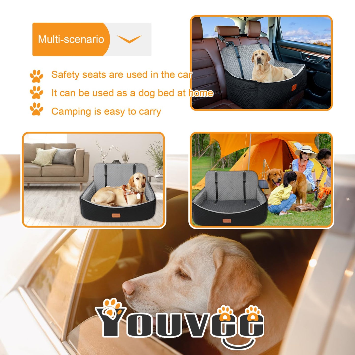 Youvee Dog Car Seat for Large/Medium Dog,Interior Height 4 Inches Pet Car Bed for Dogs Under 55 lbs or 2 Small Dogs,Washable Dog Booster Seat with 2 Safety Leashes(Black Outside Grey Inside)