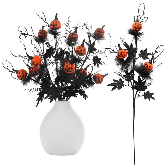 RoseCraft 5PCS Halloween Decorations, 19.5Inch Artificial Pumpkin Maple Leaf Floral Stems Halloween Branches Decoration, for Home Indoor Party Vase Arrangement Decor（Black/Orange）.