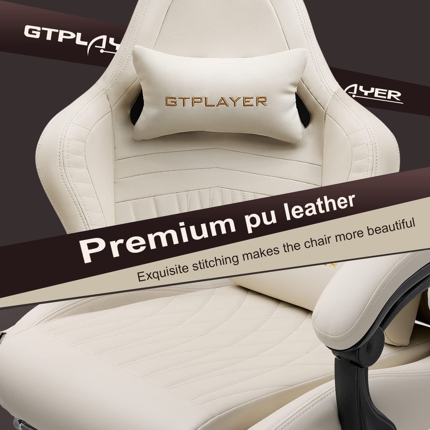 GTPLAYER Gaming Chair, Computer Chair with Footrest and Bluetooth Speakers, High Back Ergonomic Gaming Chair, Reclining Gaming Chair with Linkage Armrests for Adults by GTRacing (Leather, Ivory)