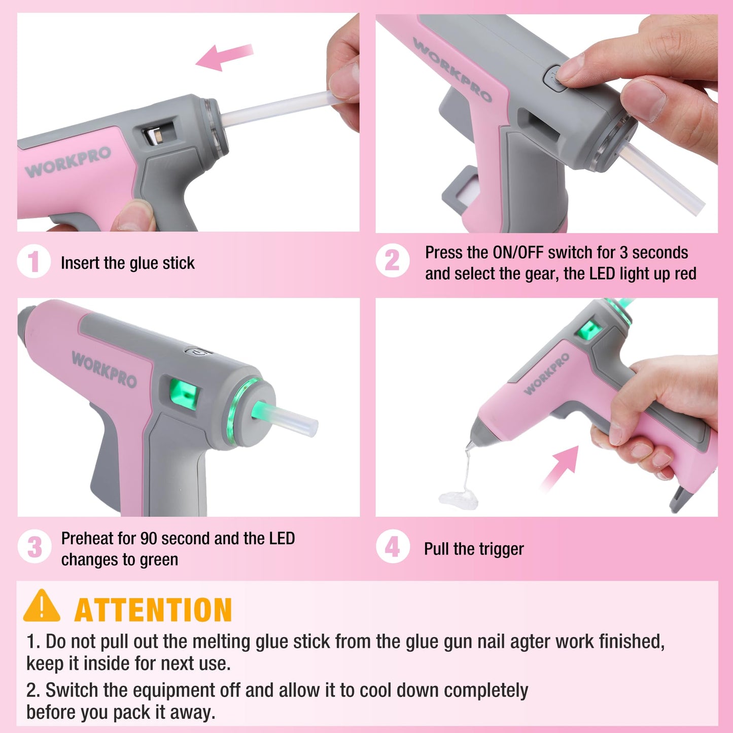 WORKPRO Pink Cordless Mini Hot Glue Gun, Energy Saving Rechargeable Fast Heating Glue Gun Kit with 20 Pcs Mini Glue Sticks, Automatic-Safety-Power-Off Glue Gun for Decoration, Art - Pink Ribbon