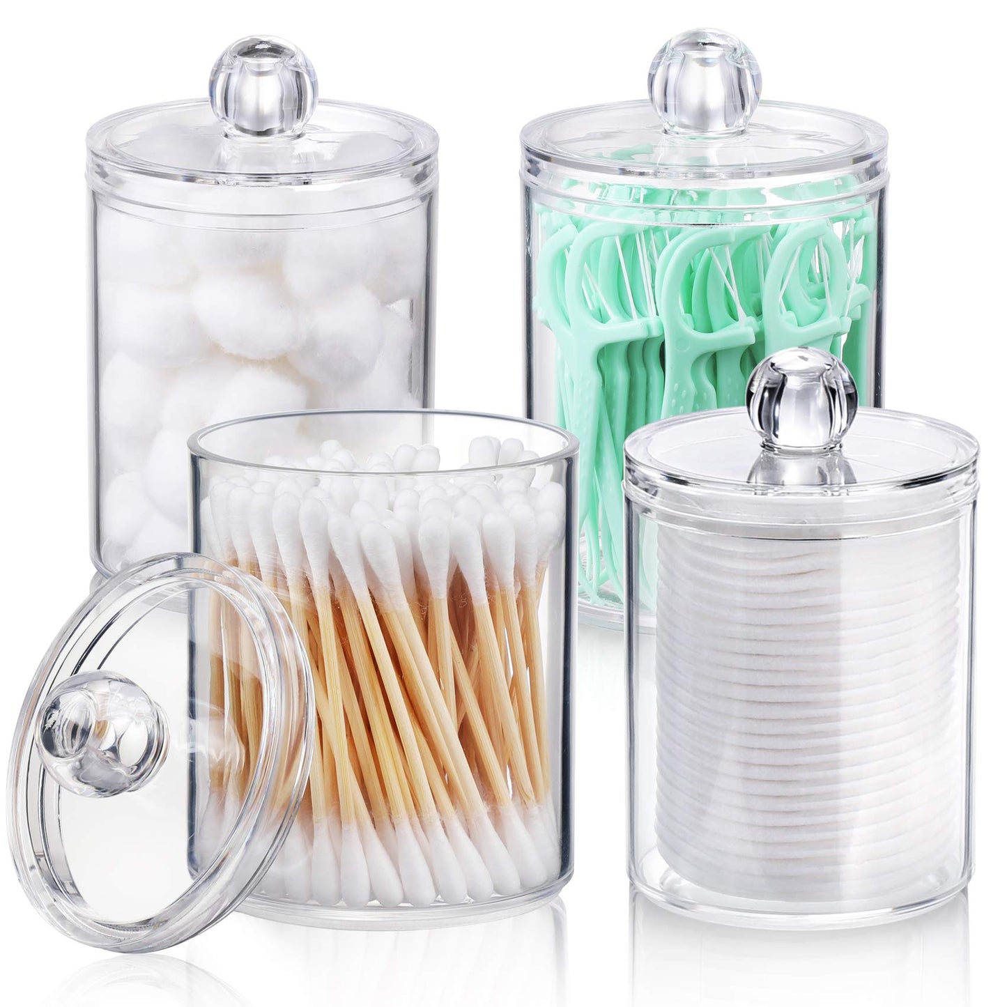 4 PACK Qtip Holder Dispenser for Cotton Swabs, Balls, Cotton Pads, Floss Picks - Small Clear Plastic Canister Apothecary Jar Set, Bathroom Essentials Accessories Decor, Vanity Makeup Storage Organizer