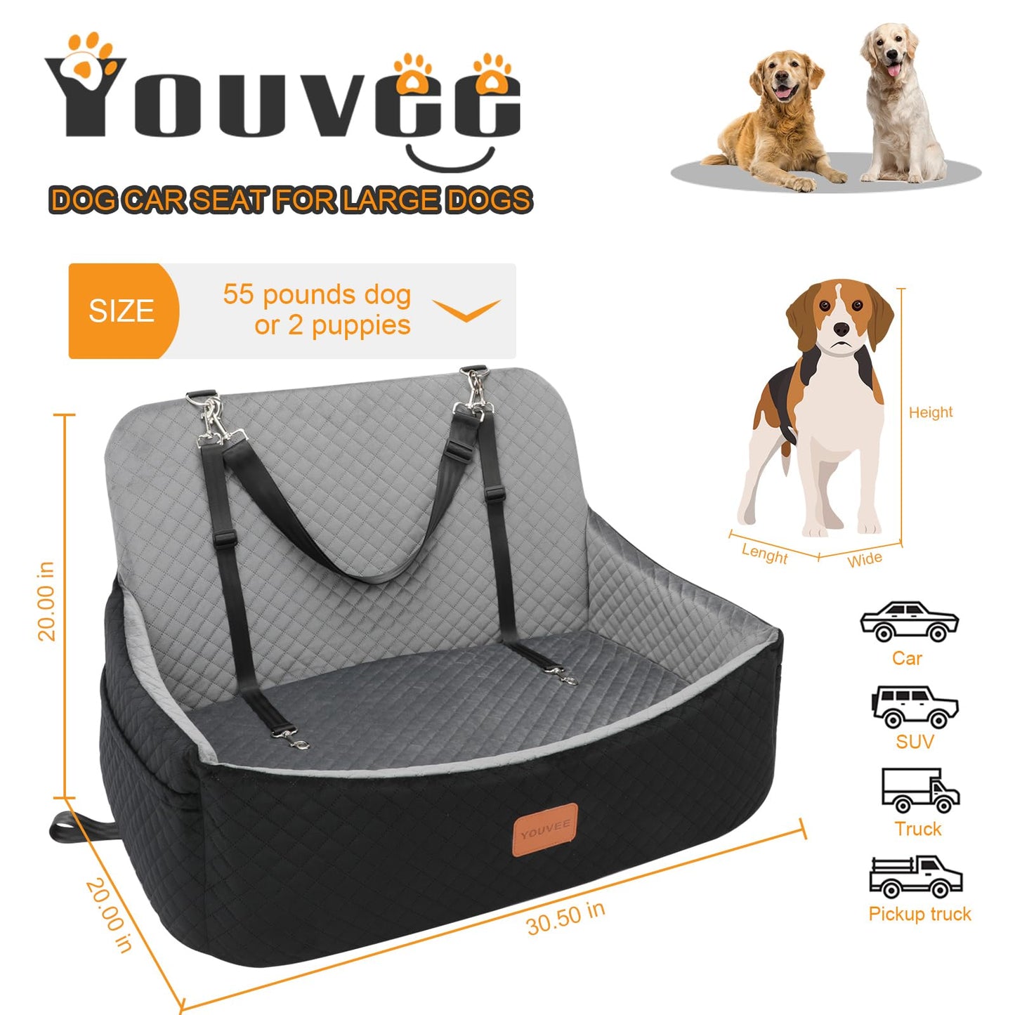 Youvee Dog Car Seat for Large/Medium Dog,Interior Height 4 Inches Pet Car Bed for Dogs Under 55 lbs or 2 Small Dogs,Washable Dog Booster Seat with 2 Safety Leashes(Black Outside Grey Inside)