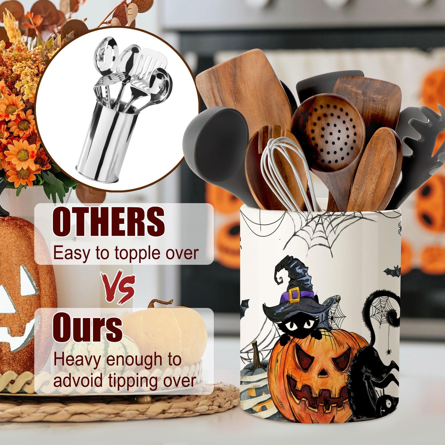 pinata Halloween Kitchen Decor Ceramic Utensil Holder,Cute Halloween Utensils,Halloween Kitchen Utensils for Farmhouse indoor Halloween Kitchen Decorations(6.5in)