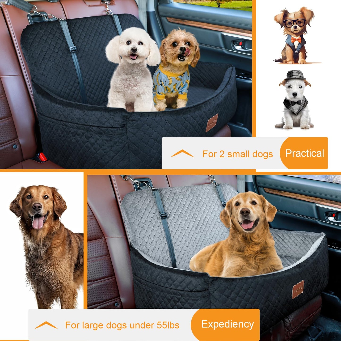 Youvee Dog Car Seat for Large/Medium Dog,Interior Height 4 Inches Pet Car Bed for Dogs Under 55 lbs or 2 Small Dogs,Washable Dog Booster Seat with 2 Safety Leashes(Black Outside Grey Inside)