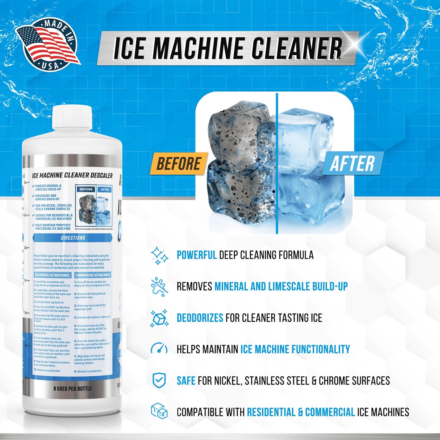 Ice Machine Cleaner Maker Descaler - 32 fl oz (8 Uses) Nickel Safe Ice Maker Cleaner Solution - Compatible with Whirlpool 4396808, Scotsman, Manitowoc, Hoshizaki, GE Opal Cleaning Kit - Made in USA