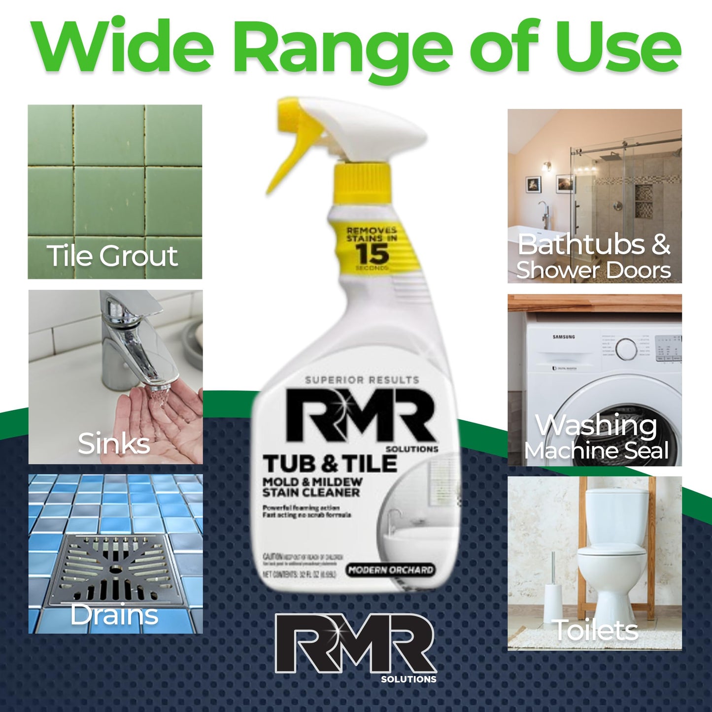 RMR - Tub and Tile Cleaner, Mold & Mildew Stain Remover, Industrial-Strength, No-Scrub Foam Cleaner, Modern Orchard Scent, 32 Fl Oz