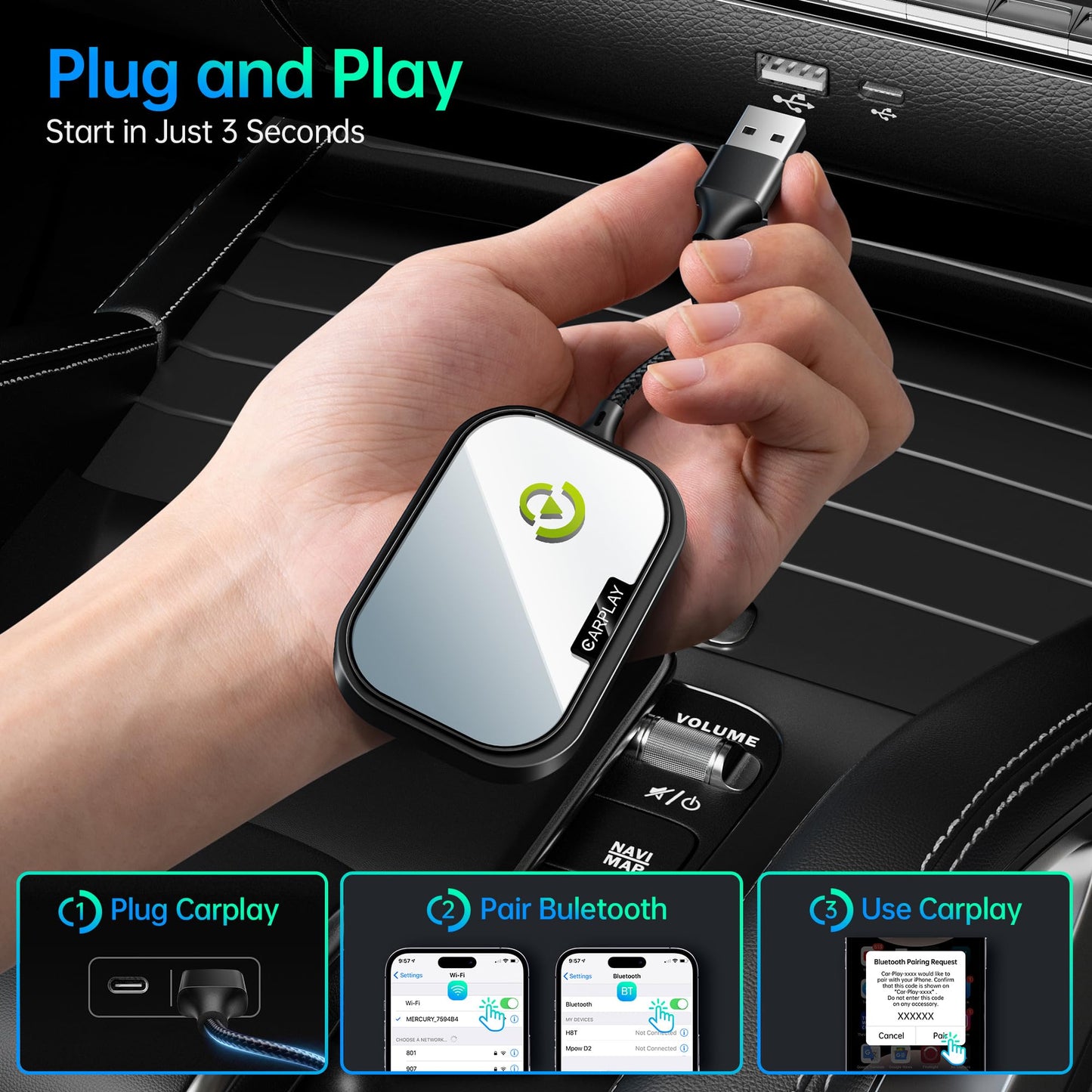 CarEase Wireless CarPlay Adapter for Apple iPhone, Converts Factory Wired CarPlay to Wireless CarPlay 2024 Upgrade Plug & Play Auto Connect Fast Easy Use for Cars from 2017 & iPhone iOS Black