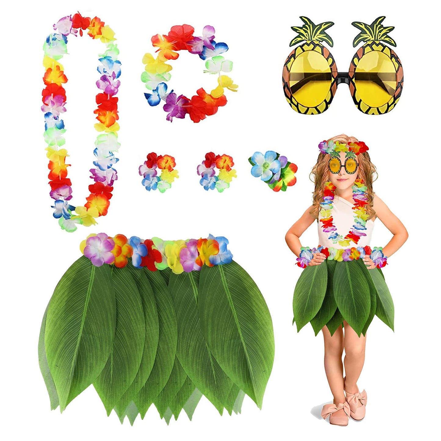 PHOGARY 7 Pack Hawaiian Flower Leaf Hula Skirt Costume Accessory Kit for Hawaii Luau Party - Dancing Hula with Hawaiian Lei, Hibiscus Hair Clip, Pineapple Sunglasses for Boys Girls