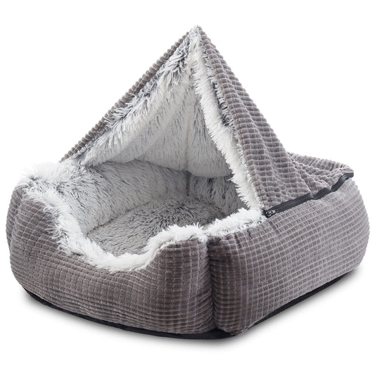 MIXJOY Dog Beds for Large Medium Small Dogs, Rectangle Cave Hooded Blanket Puppy Bed, Luxury Orthopedic Cat Beds for Indoor Cats, Warmth and Machine Washable (35 inches, Grey)