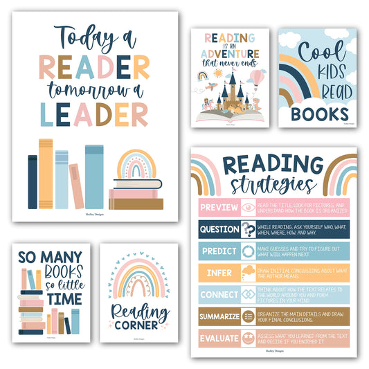 Hadley Designs 6 Boho Reading Posters For Classroom Library Decorations For School, Reading Bulletin Board Sets For Classrooms, Reading Corner Decor For Classroom, Read Poster