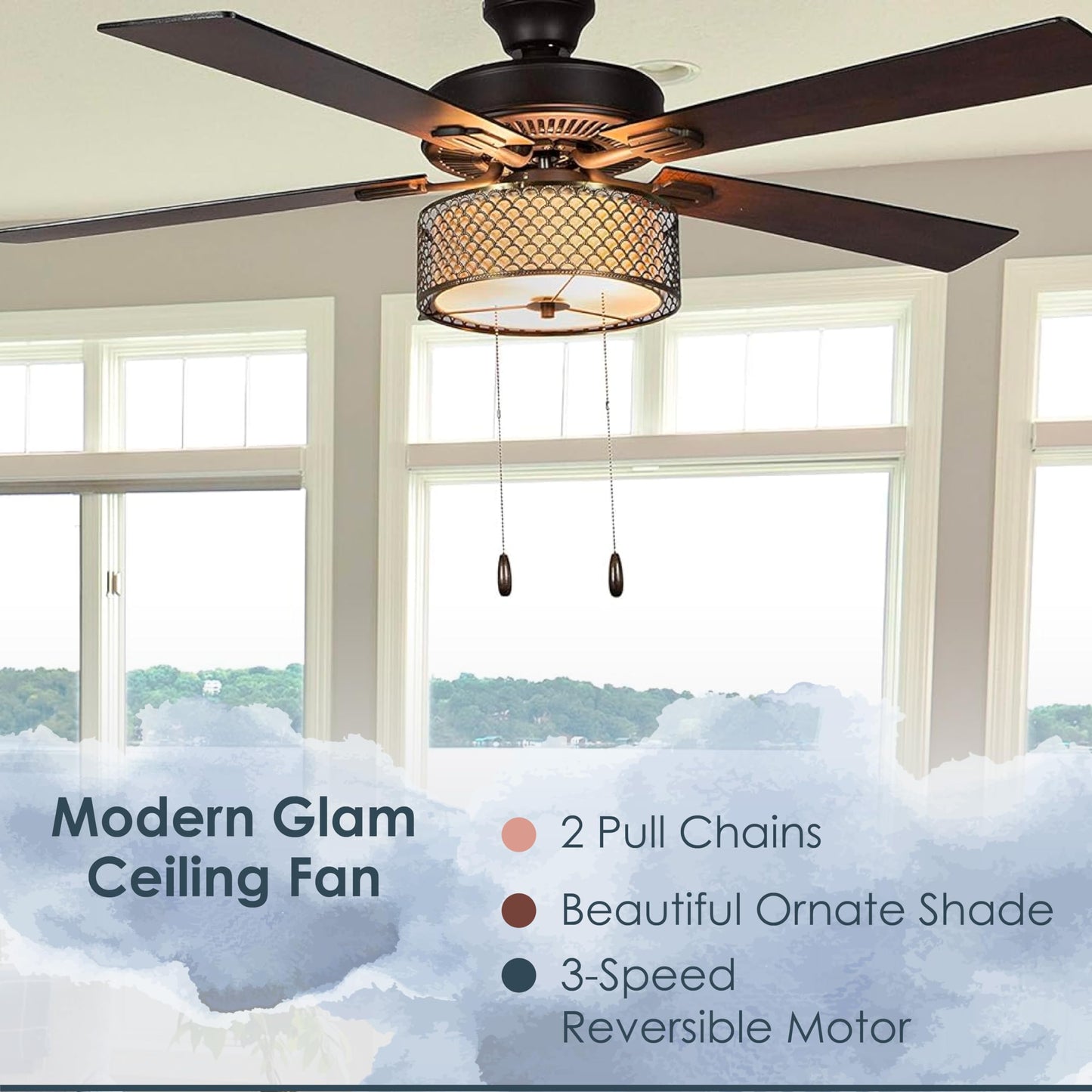 RIVER OF GOODS Mid-Century Modern Transitional LED Bronze Chrome Ceiling Fan - 52" L x 52" W - Rich Barnwood/Light Driftwood Fan Blades - Metallic Ceiling Fan with Light and Fabric Shade