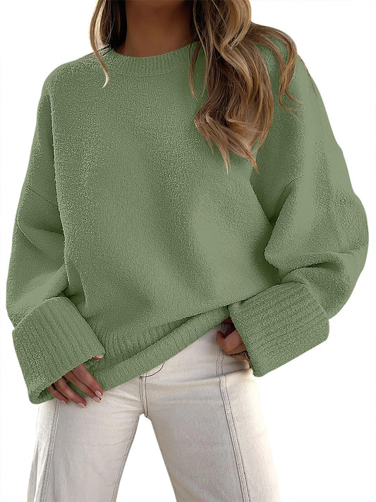 ANRABESS Women's Oversized Crewneck Long Sleeve Fuzzy Knit Casual Chunky Warm 2024 Fall Pullover Sweaters Top Trendy Outfits Army Green Large