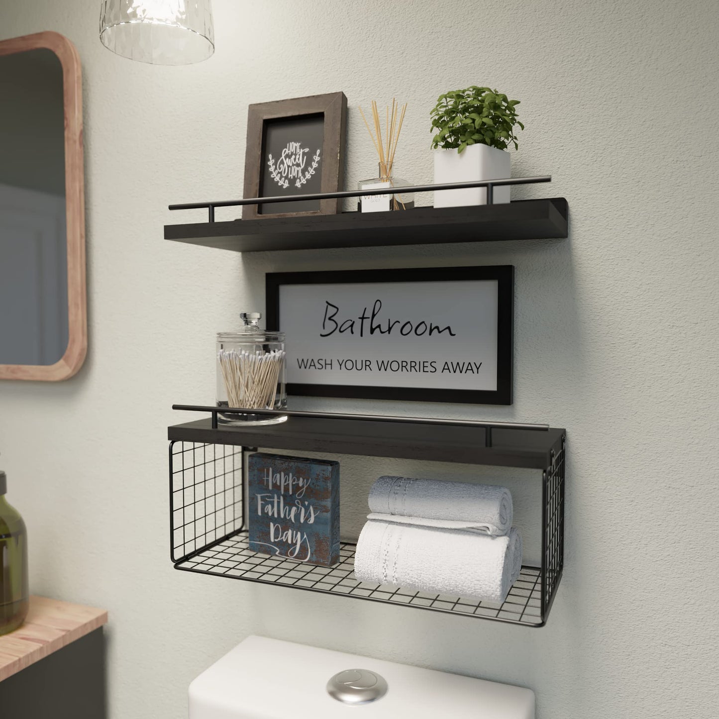 WOPITUES Floating Shelves for Bathroom Wall Decor Sign, Bathroom Organizers and Storage, Bathroom Shelves Over Toilet with Metal Guardrail-Black