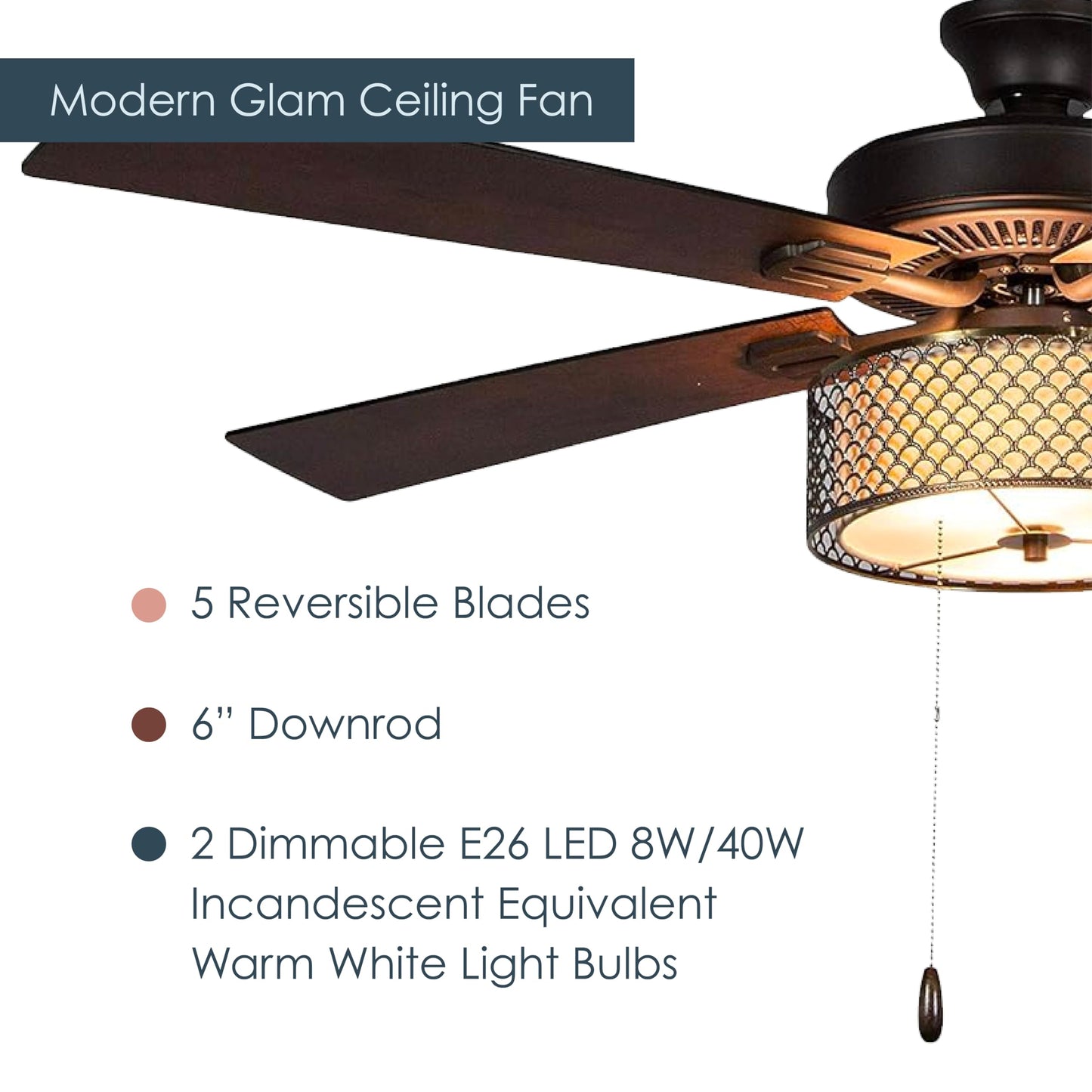 RIVER OF GOODS Mid-Century Modern Transitional LED Bronze Chrome Ceiling Fan - 52" L x 52" W - Rich Barnwood/Light Driftwood Fan Blades - Metallic Ceiling Fan with Light and Fabric Shade