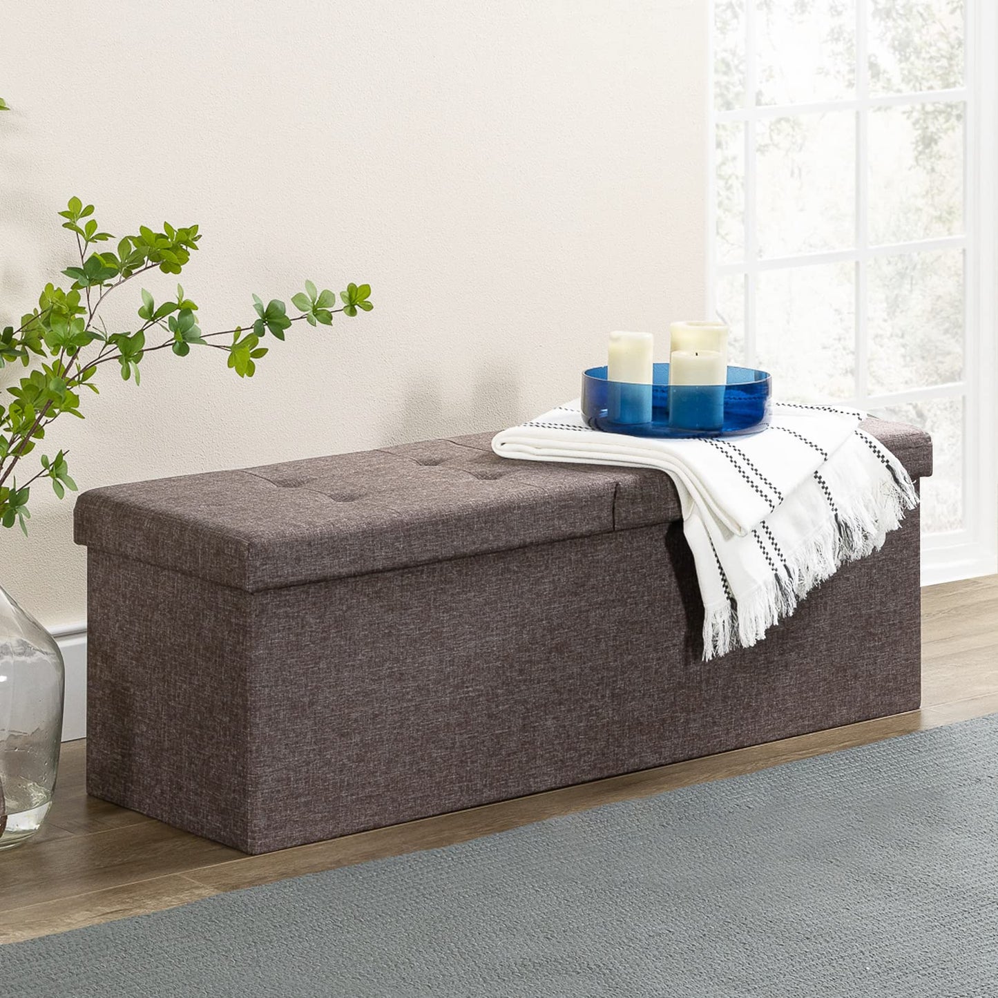 Otto & Ben 45" Storage Ottoman with SMART LIFT Top, Upholstered Tufted Bench, Foot Rest, Brown, 14.96"D x 44.88"W x 14.96"H