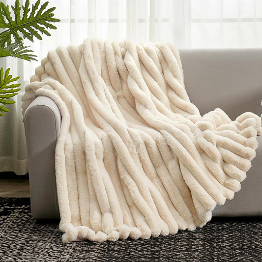 Cozy Bliss Faux Fur Throw Blanket for Couch, Cozy Warm Plush Striped Blanket for Sofa Bedroom Living Room,50 * 60 Inches Beige