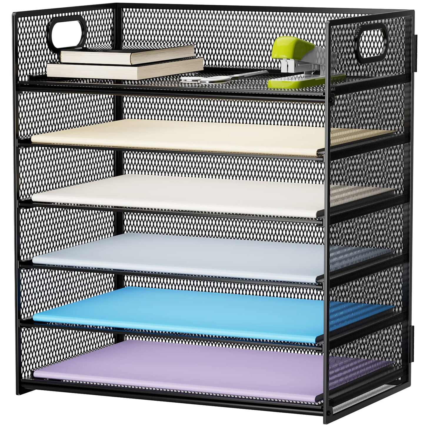 Marbrasse 6 Tier Paper Organizer Letter Tray - Mesh Desk File Organizer with Handle, Paper Sorter Organizer for Letter/A4 Office File Folder Holder - Black