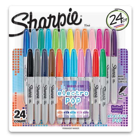 Sharpie Electro Pop Permanent Markers, Fine Point, Assorted Colors, 24 Count