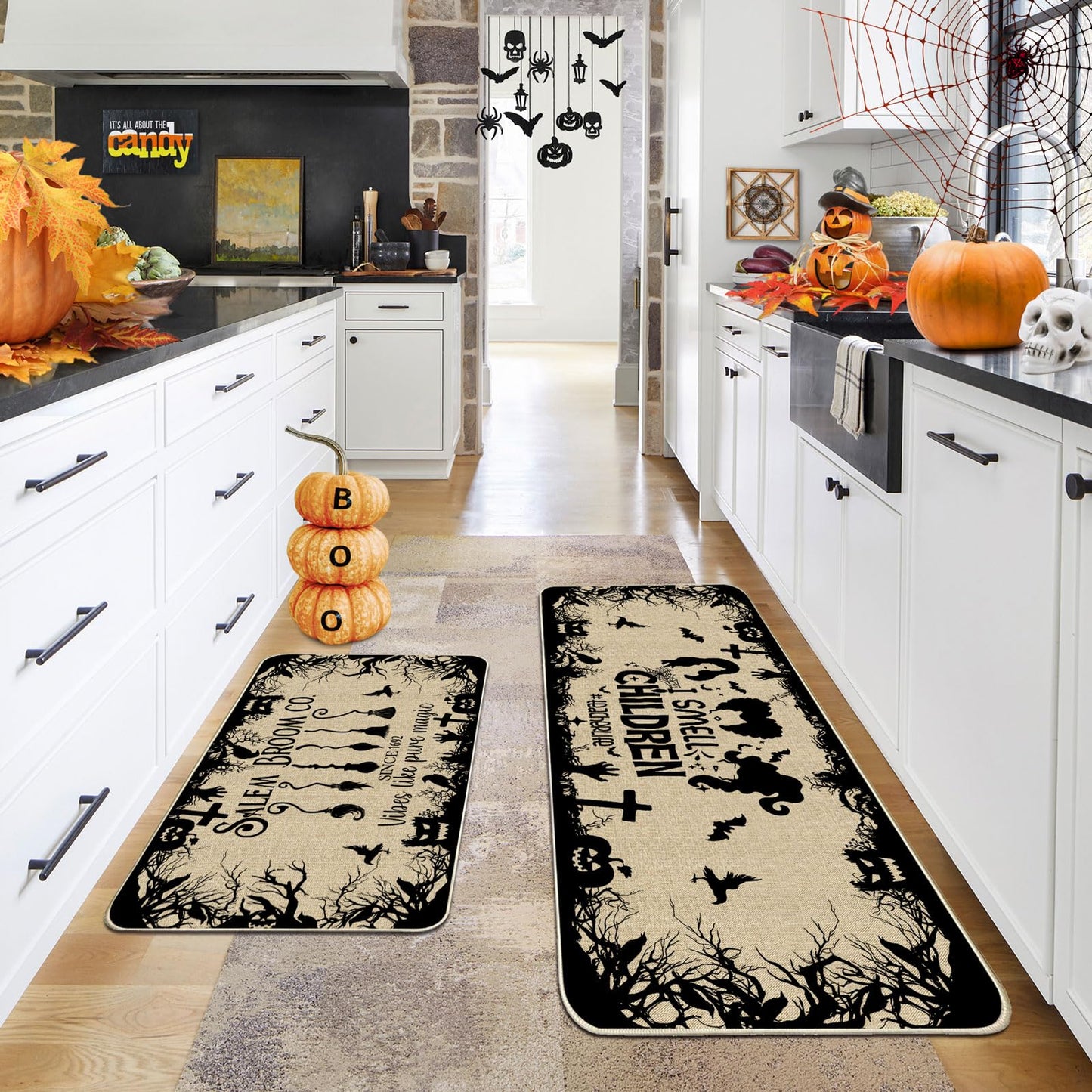 CUSUGBASO Halloween Kitchen Mats, Witches Kitchen Rugs Set of 2 - I Smell Children Halloween Kitchen Decor for Floor - Halloween Decorations for Home 17"x27+17"x47"