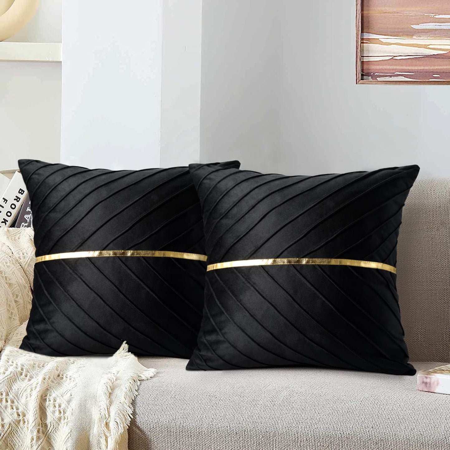 Tosleo Black Velvet Throw Pillow Covers 18x18 inch Pack of 2 with Gold Leather Decorative Couch Pillow Cover Luxury Modern Pillowcases for Wedding Living Room Bedroom Sofa Cushion Bed